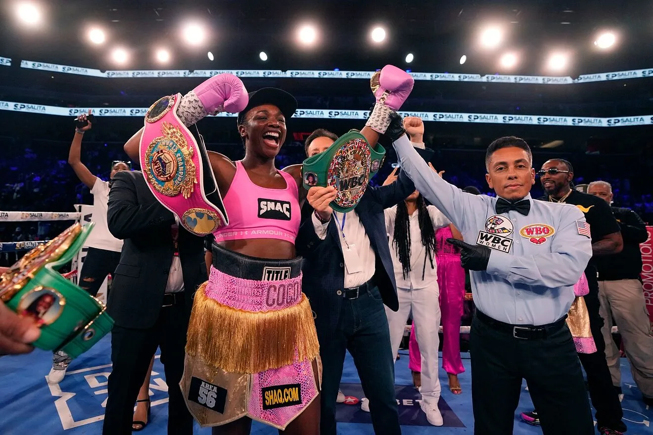 Middleweight champion Claressa Shields celebrates after defeating...